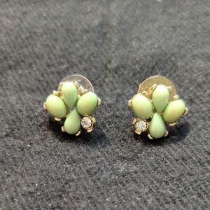Gold Tone Mint Green Clear Rhinestone Dainty Delicate Stud Statement Earrings